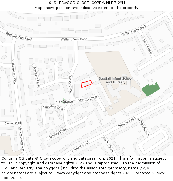 9, SHERWOOD CLOSE, CORBY, NN17 2YH: Location map and indicative extent of plot