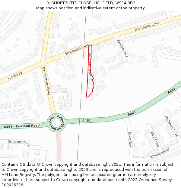 9, SHORTBUTTS CLOSE, LICHFIELD, WS14 9BP: Location map and indicative extent of plot