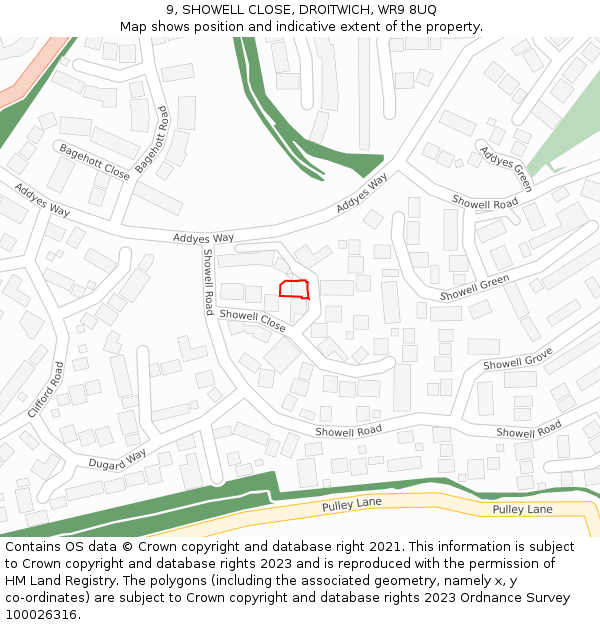 9, SHOWELL CLOSE, DROITWICH, WR9 8UQ: Location map and indicative extent of plot