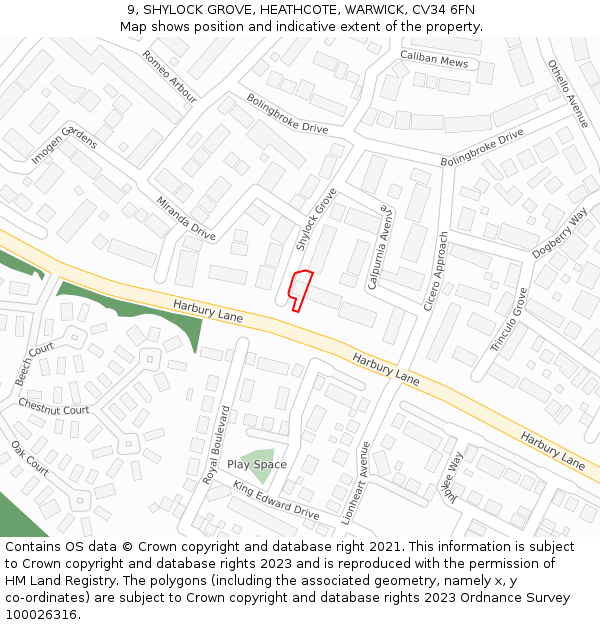9, SHYLOCK GROVE, HEATHCOTE, WARWICK, CV34 6FN: Location map and indicative extent of plot