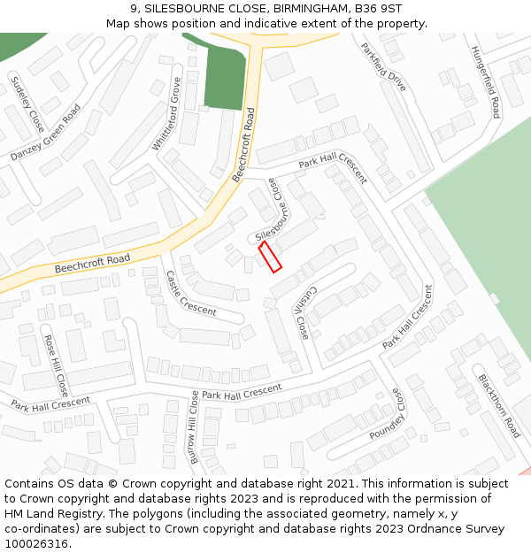 9, SILESBOURNE CLOSE, BIRMINGHAM, B36 9ST: Location map and indicative extent of plot