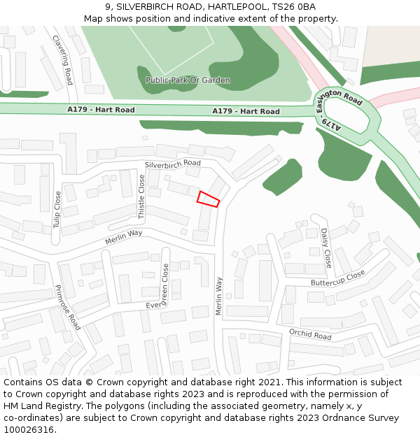 9, SILVERBIRCH ROAD, HARTLEPOOL, TS26 0BA: Location map and indicative extent of plot