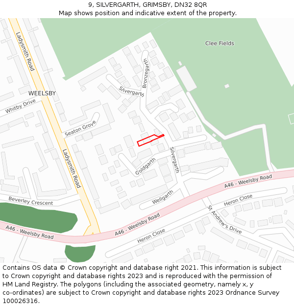 9, SILVERGARTH, GRIMSBY, DN32 8QR: Location map and indicative extent of plot