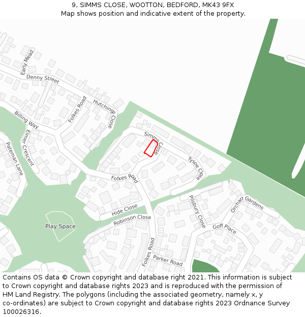 9, SIMMS CLOSE, WOOTTON, BEDFORD, MK43 9FX: Location map and indicative extent of plot