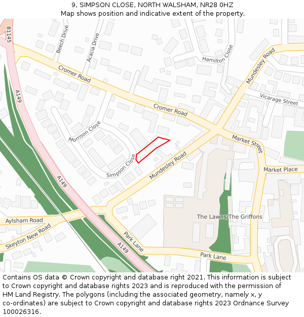 9, SIMPSON CLOSE, NORTH WALSHAM, NR28 0HZ: Location map and indicative extent of plot