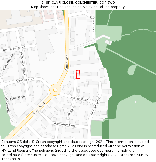 9, SINCLAIR CLOSE, COLCHESTER, CO4 5WD: Location map and indicative extent of plot