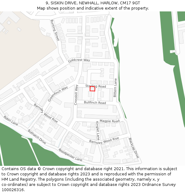 9, SISKIN DRIVE, NEWHALL, HARLOW, CM17 9GT: Location map and indicative extent of plot