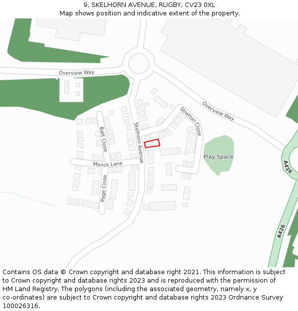 9, SKELHORN AVENUE, RUGBY, CV23 0XL: Location map and indicative extent of plot