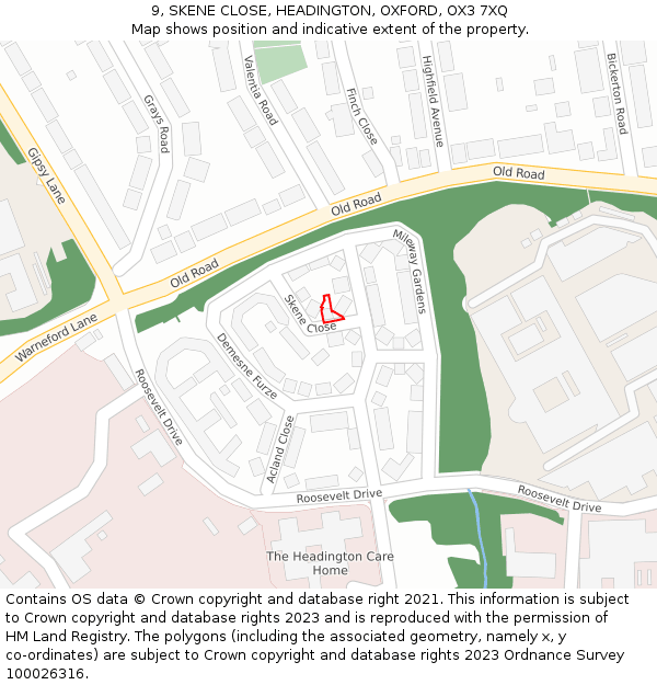 9, SKENE CLOSE, HEADINGTON, OXFORD, OX3 7XQ: Location map and indicative extent of plot