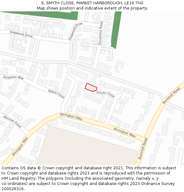 9, SMYTH CLOSE, MARKET HARBOROUGH, LE16 7NS: Location map and indicative extent of plot