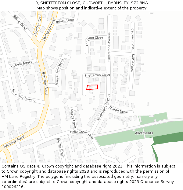 9, SNETTERTON CLOSE, CUDWORTH, BARNSLEY, S72 8NA: Location map and indicative extent of plot