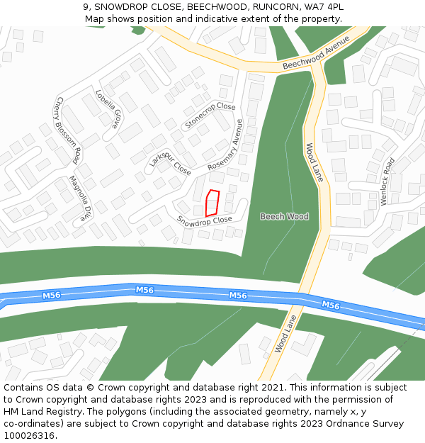 9, SNOWDROP CLOSE, BEECHWOOD, RUNCORN, WA7 4PL: Location map and indicative extent of plot