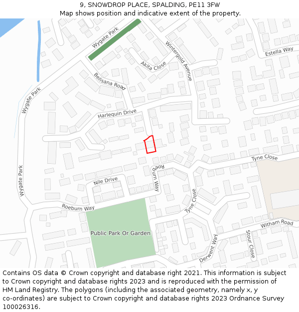 9, SNOWDROP PLACE, SPALDING, PE11 3FW: Location map and indicative extent of plot