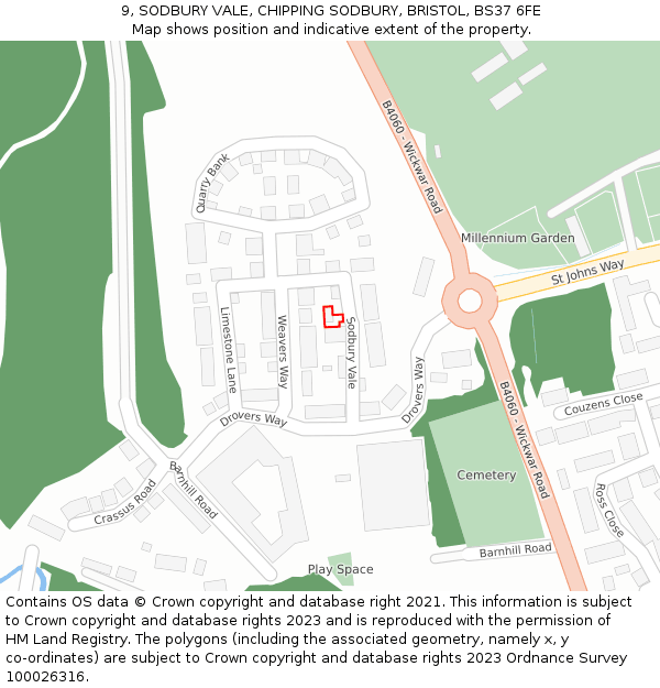 9, SODBURY VALE, CHIPPING SODBURY, BRISTOL, BS37 6FE: Location map and indicative extent of plot