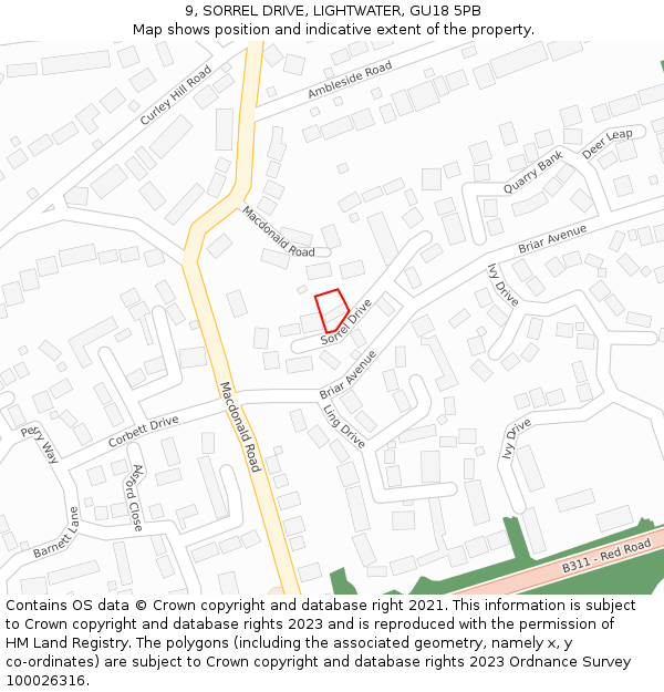 9, SORREL DRIVE, LIGHTWATER, GU18 5PB: Location map and indicative extent of plot