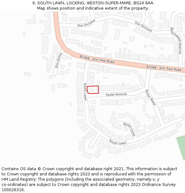 9, SOUTH LAWN, LOCKING, WESTON-SUPER-MARE, BS24 8AA: Location map and indicative extent of plot