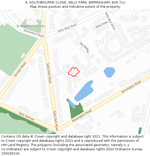 9, SOUTHBOURNE CLOSE, SELLY PARK, BIRMINGHAM, B29 7LU: Location map and indicative extent of plot