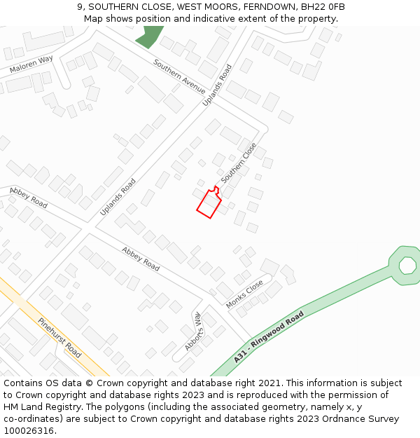 9, SOUTHERN CLOSE, WEST MOORS, FERNDOWN, BH22 0FB: Location map and indicative extent of plot