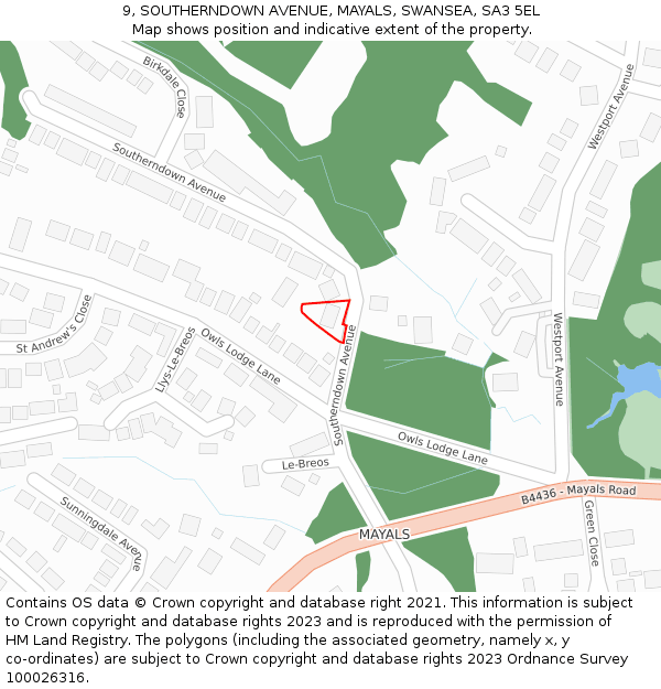 9, SOUTHERNDOWN AVENUE, MAYALS, SWANSEA, SA3 5EL: Location map and indicative extent of plot