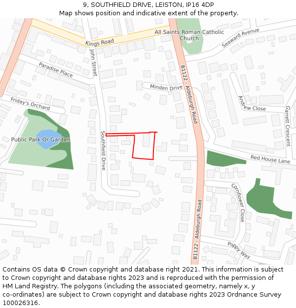 9, SOUTHFIELD DRIVE, LEISTON, IP16 4DP: Location map and indicative extent of plot