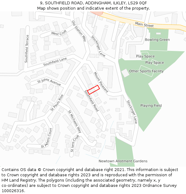 9, SOUTHFIELD ROAD, ADDINGHAM, ILKLEY, LS29 0QF: Location map and indicative extent of plot