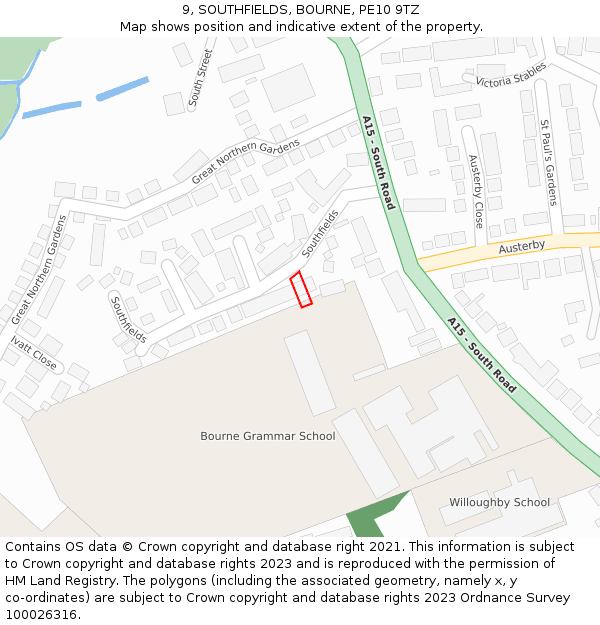 9, SOUTHFIELDS, BOURNE, PE10 9TZ: Location map and indicative extent of plot