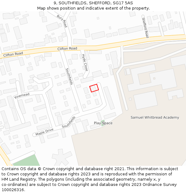 9, SOUTHFIELDS, SHEFFORD, SG17 5AS: Location map and indicative extent of plot