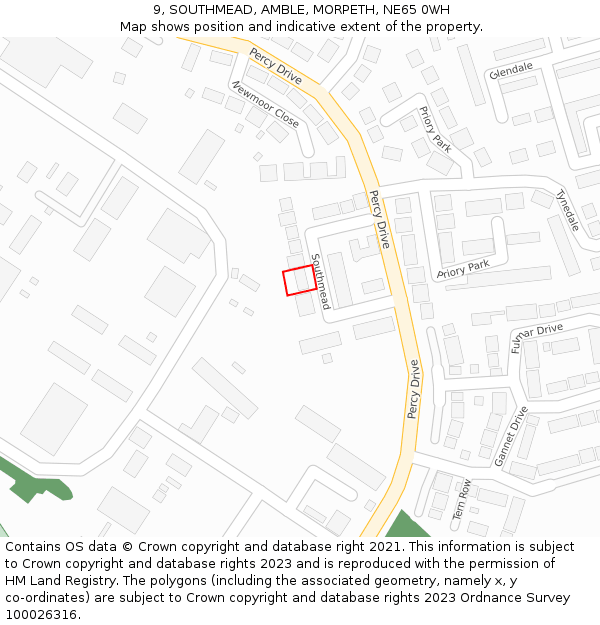 9, SOUTHMEAD, AMBLE, MORPETH, NE65 0WH: Location map and indicative extent of plot