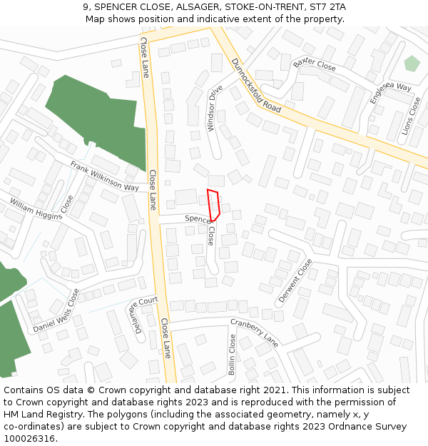 9, SPENCER CLOSE, ALSAGER, STOKE-ON-TRENT, ST7 2TA: Location map and indicative extent of plot