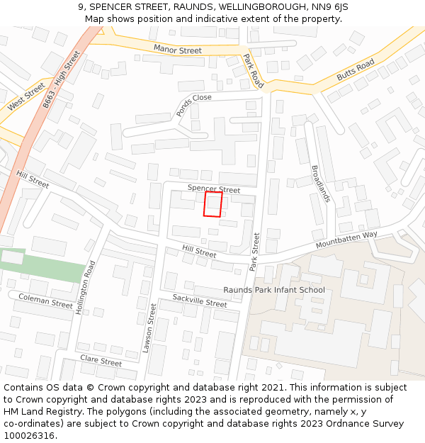 9, SPENCER STREET, RAUNDS, WELLINGBOROUGH, NN9 6JS: Location map and indicative extent of plot