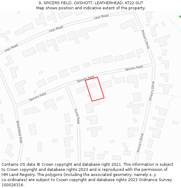 9, SPICERS FIELD, OXSHOTT, LEATHERHEAD, KT22 0UT: Location map and indicative extent of plot