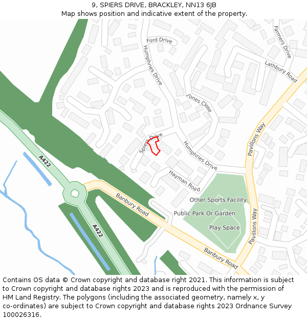 9, SPIERS DRIVE, BRACKLEY, NN13 6JB: Location map and indicative extent of plot