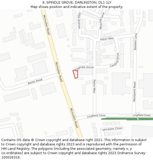 9, SPINDLE GROVE, DARLINGTON, DL1 1LY: Location map and indicative extent of plot