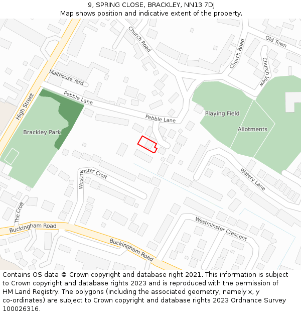 9, SPRING CLOSE, BRACKLEY, NN13 7DJ: Location map and indicative extent of plot