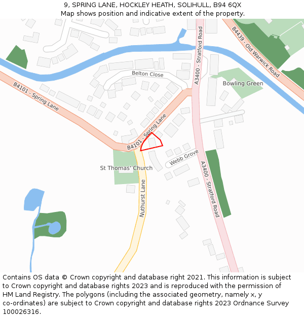 9, SPRING LANE, HOCKLEY HEATH, SOLIHULL, B94 6QX: Location map and indicative extent of plot