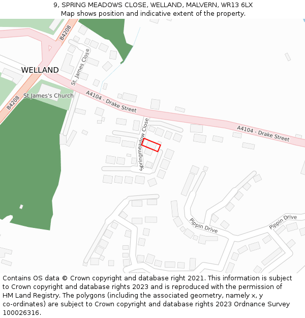 9, SPRING MEADOWS CLOSE, WELLAND, MALVERN, WR13 6LX: Location map and indicative extent of plot