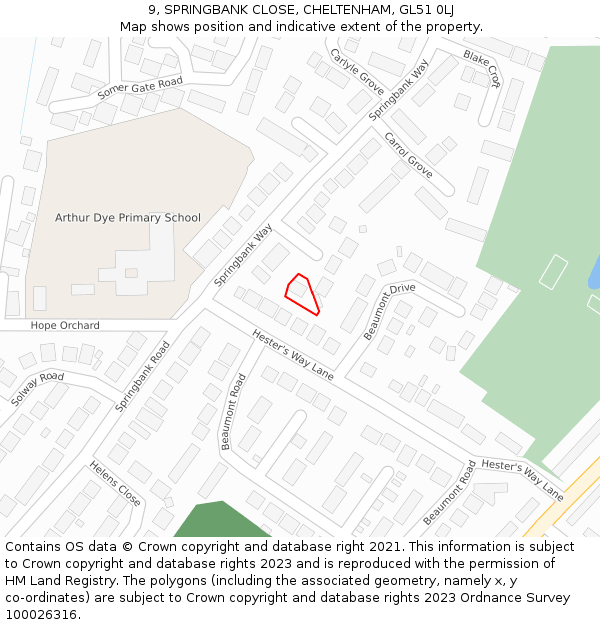 9, SPRINGBANK CLOSE, CHELTENHAM, GL51 0LJ: Location map and indicative extent of plot