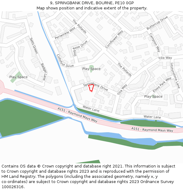 9, SPRINGBANK DRIVE, BOURNE, PE10 0GP: Location map and indicative extent of plot