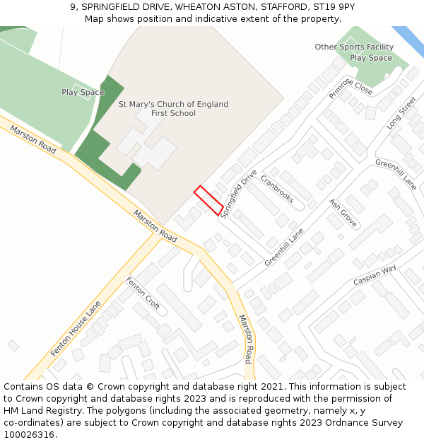 9, SPRINGFIELD DRIVE, WHEATON ASTON, STAFFORD, ST19 9PY: Location map and indicative extent of plot