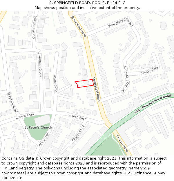 9, SPRINGFIELD ROAD, POOLE, BH14 0LG: Location map and indicative extent of plot