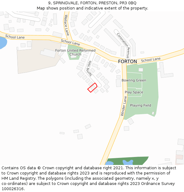 9, SPRINGVALE, FORTON, PRESTON, PR3 0BQ: Location map and indicative extent of plot