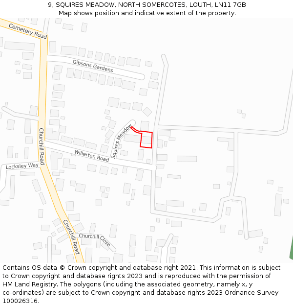 9, SQUIRES MEADOW, NORTH SOMERCOTES, LOUTH, LN11 7GB: Location map and indicative extent of plot