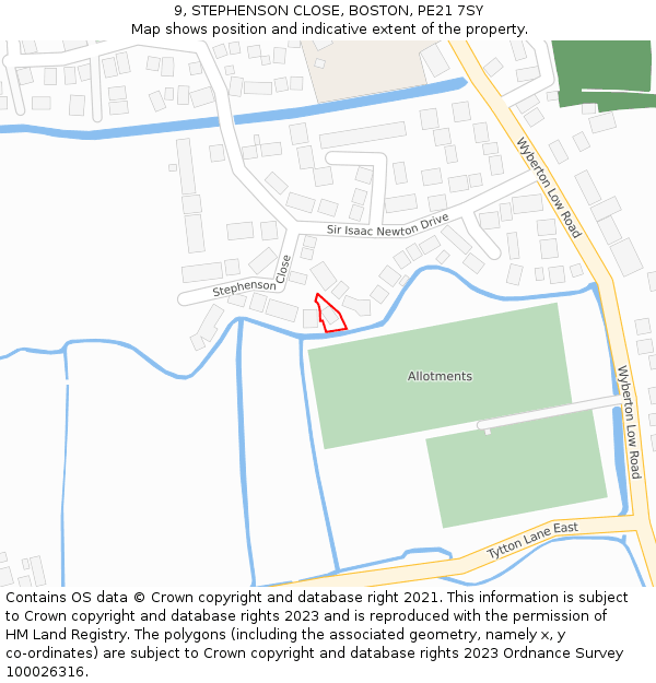 9, STEPHENSON CLOSE, BOSTON, PE21 7SY: Location map and indicative extent of plot