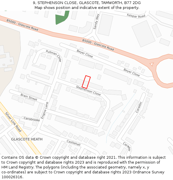 9, STEPHENSON CLOSE, GLASCOTE, TAMWORTH, B77 2DG: Location map and indicative extent of plot