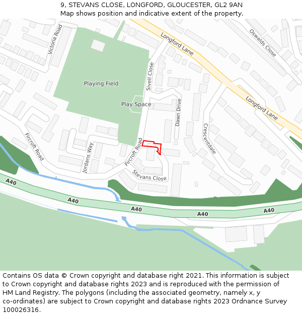 9, STEVANS CLOSE, LONGFORD, GLOUCESTER, GL2 9AN: Location map and indicative extent of plot