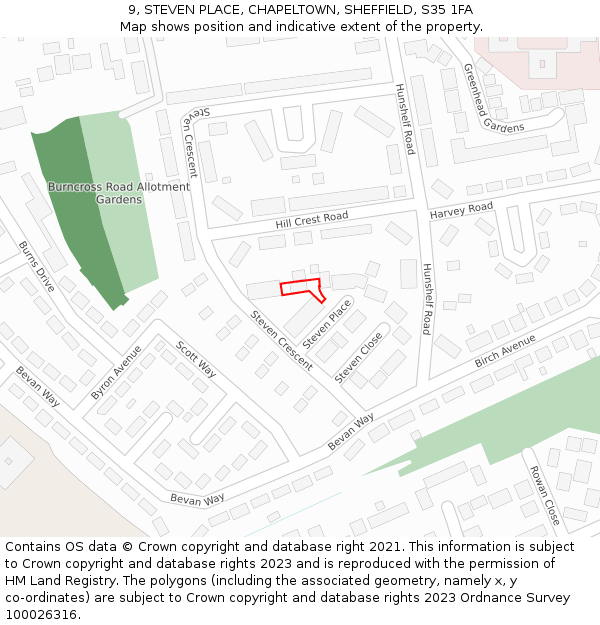 9, STEVEN PLACE, CHAPELTOWN, SHEFFIELD, S35 1FA: Location map and indicative extent of plot