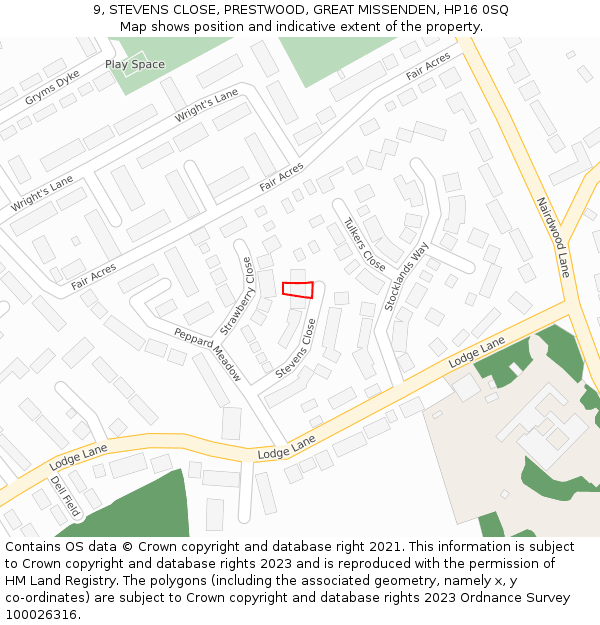 9, STEVENS CLOSE, PRESTWOOD, GREAT MISSENDEN, HP16 0SQ: Location map and indicative extent of plot