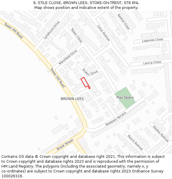 9, STILE CLOSE, BROWN LEES, STOKE-ON-TRENT, ST8 6NL: Location map and indicative extent of plot