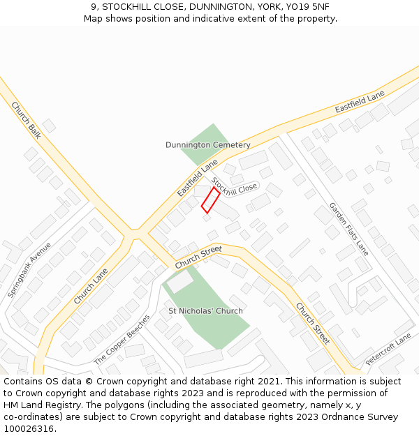 9, STOCKHILL CLOSE, DUNNINGTON, YORK, YO19 5NF: Location map and indicative extent of plot