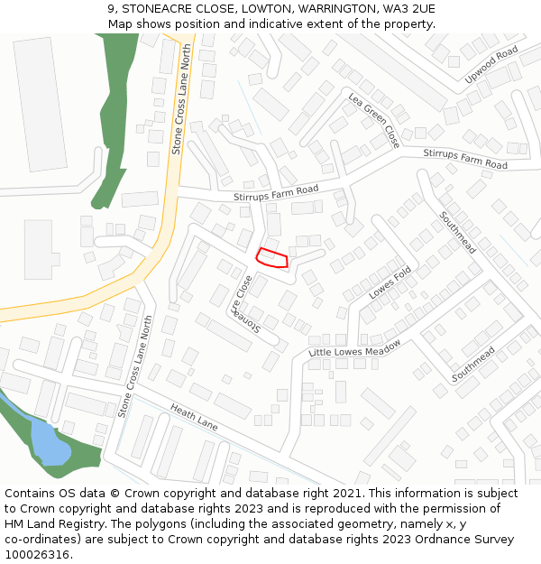 9, STONEACRE CLOSE, LOWTON, WARRINGTON, WA3 2UE: Location map and indicative extent of plot